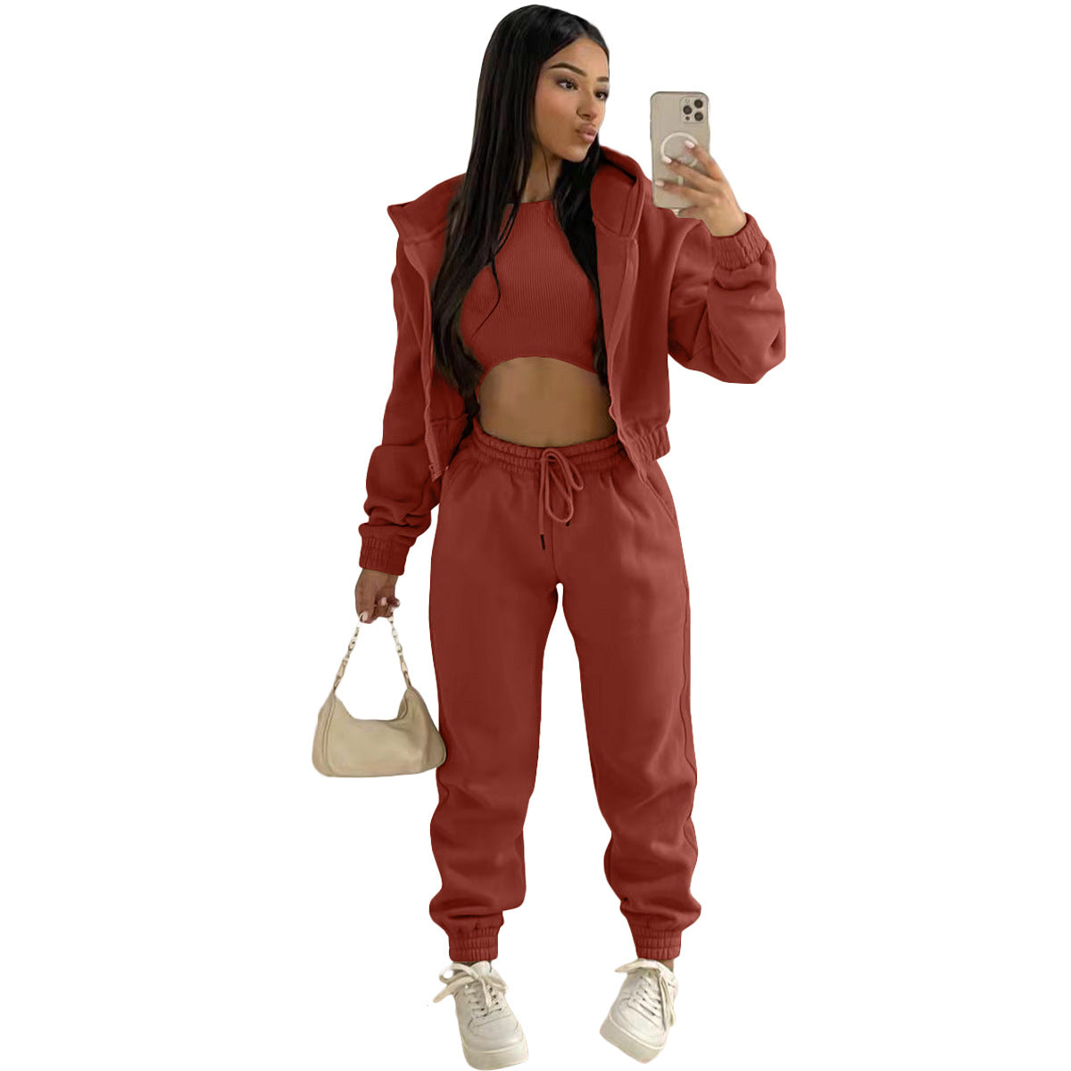 In Stock  Cotton Thick 3 Piece Outfit Joggers Pants Two Piece Pants Set Activewear Women Tracksuit