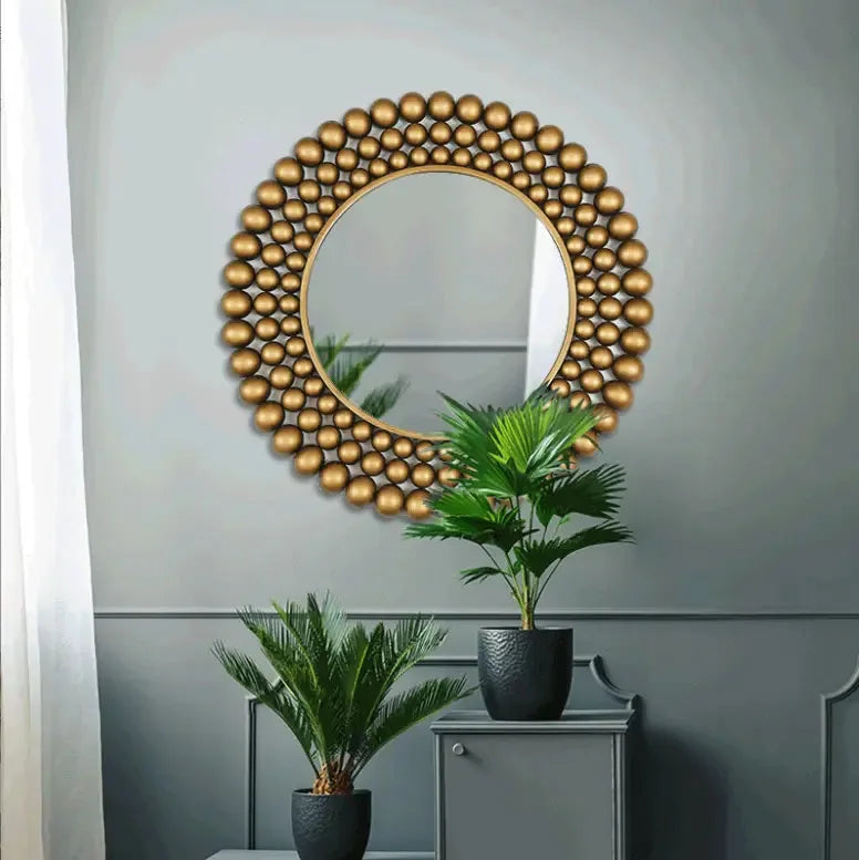70*70cm Round Iron Design Vintage Decorative Wall Decor Mirror for Living Dining Room Bathroom Round Beads Edge Mirrors