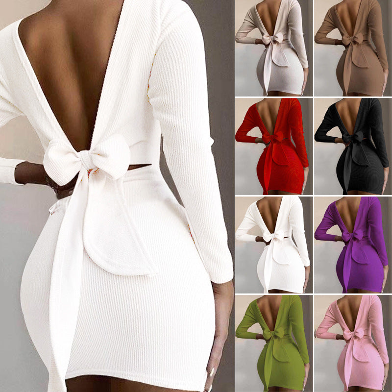 Fall Women Clothes Bow Knot Backless Long Sleeved Mini Dress Womens Dresses Casual Dresses
