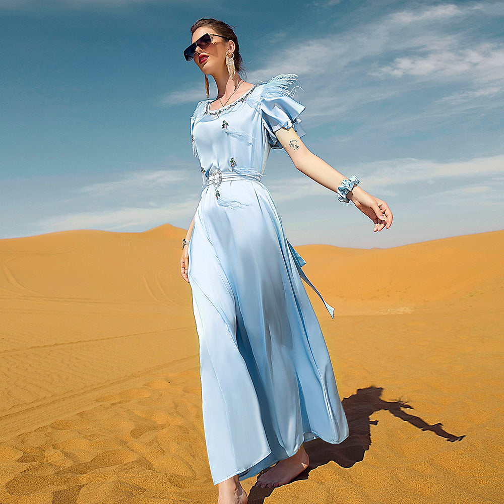 Sky Blue Slim Satin Short Sleeve Abaya Dresses of Evening Dress Pattern for Wedding - My Store