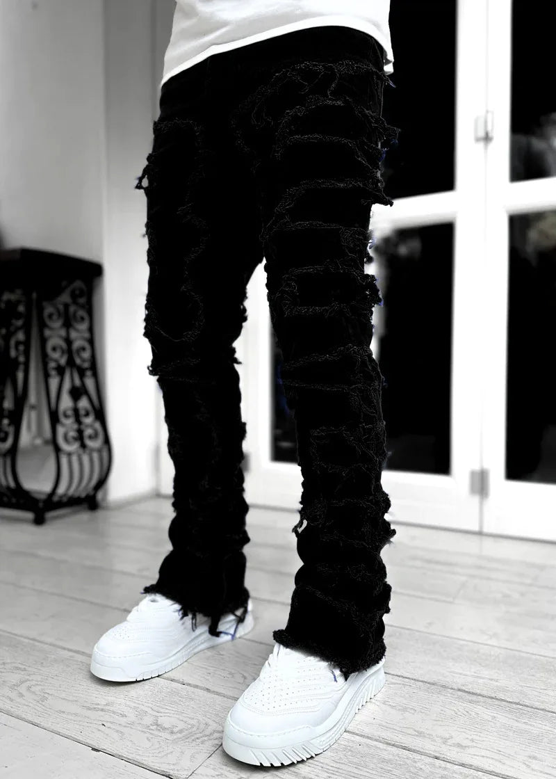 Designer Patch Stretch Stacked Jeans Men Man Jean Trouser Mens in Bulk Wholesale Ripped Jeans
