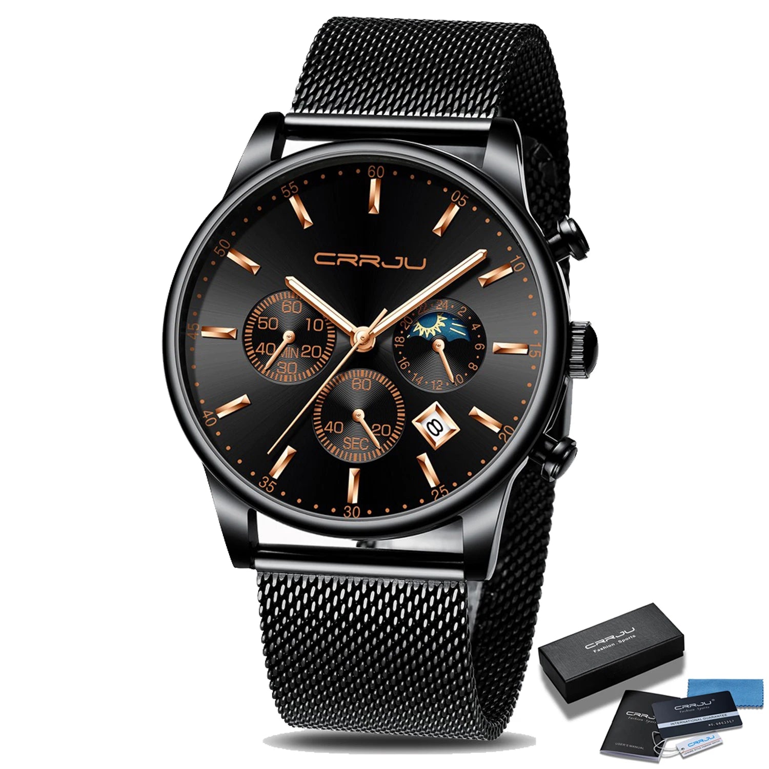 Relogio Masculino CRRJU Luxury Quartz Watch for Men Blue Dial Watches Sport Watches Chronograph Clock Mesh Belt Wrist Watch