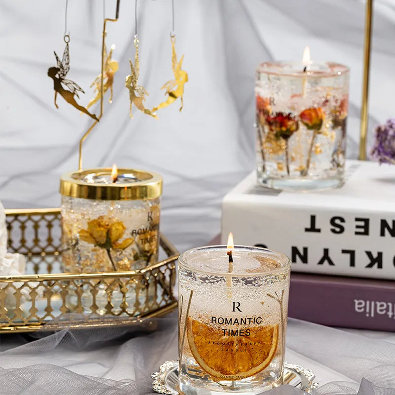 Flower Fruit Essential Oil Scented Candle Transparent Gold Foil Wedding Decoration Candle Smokeless Aromatherapy Home Candles