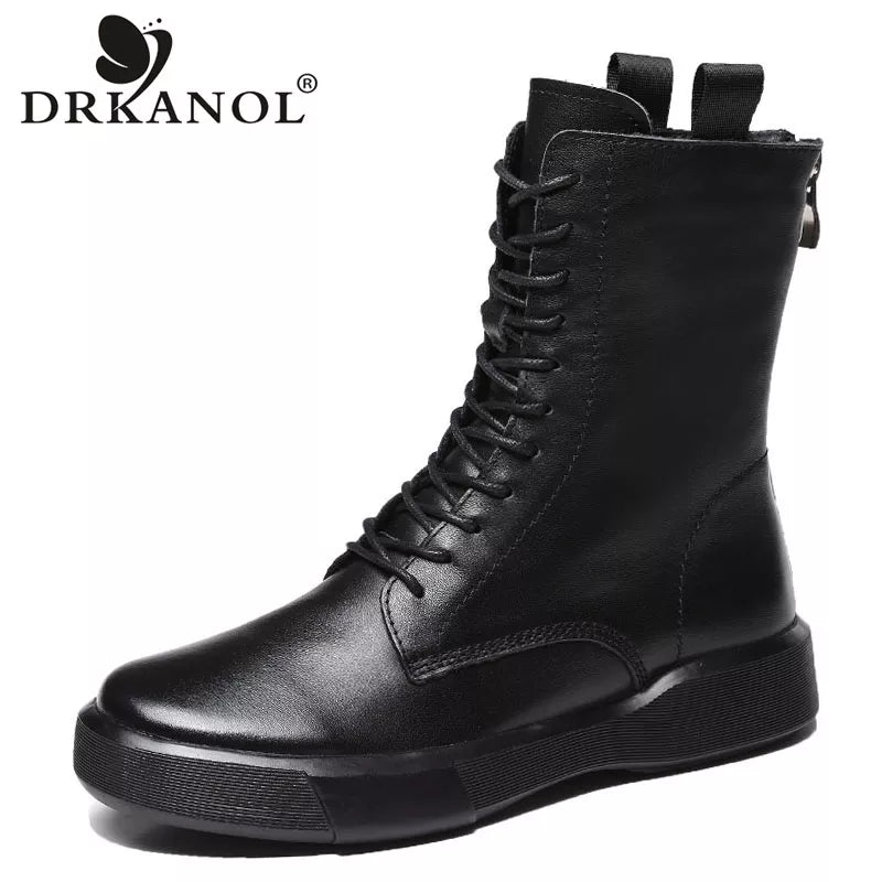 DRKANOL 2025 Fashion Women Boots Autumn Winter Shoes Soft Bottom 100% Genuine Leather Flat Mid Calf Boots Women Casual Warm Boot
