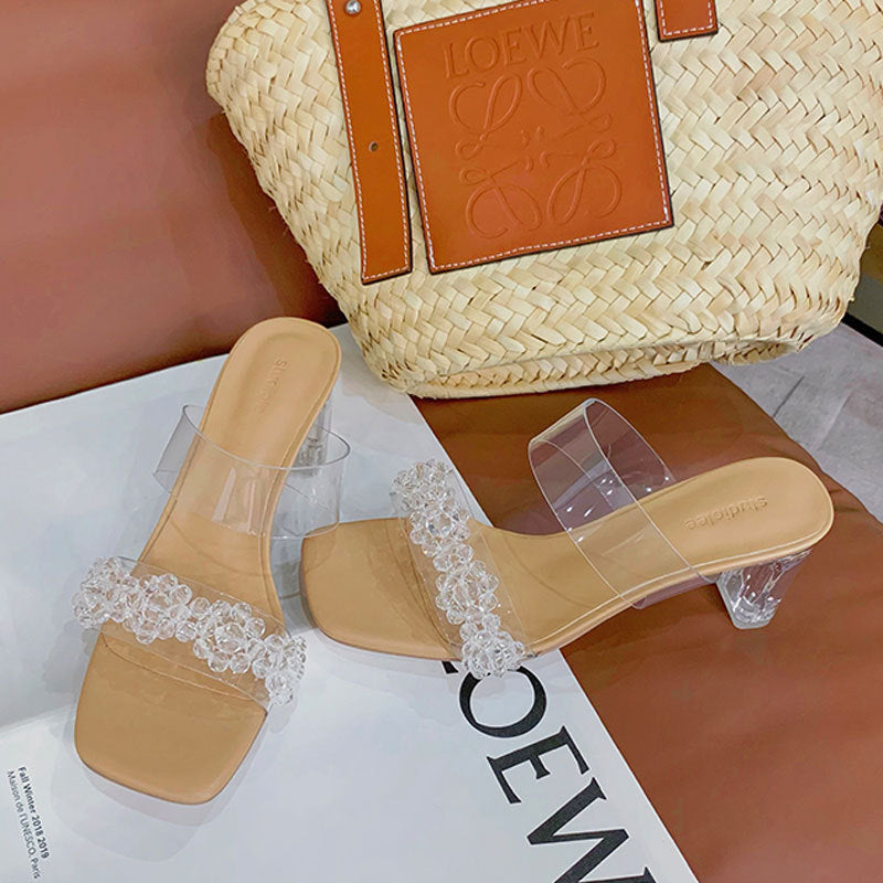 New Summer Sexy Ladies Outside High Heel Sandals Square-Toe Flower Crystal Heel Block Heels Slippers for Women