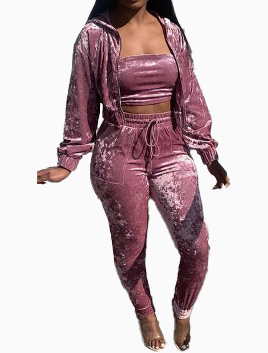 Wholesale Velvet Three Piece Activewear Jogger Pants Set Velour Sweatsuit Jogging Set for Women Zipper Hoodie 3 Piece Sets