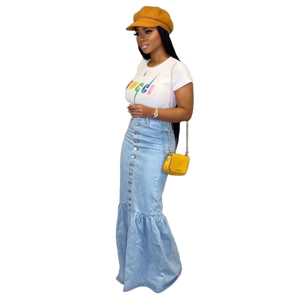 New Product Wholesale Long Denim Skirts Slim Flower Denim Skirt Ladies  Denim Skirt