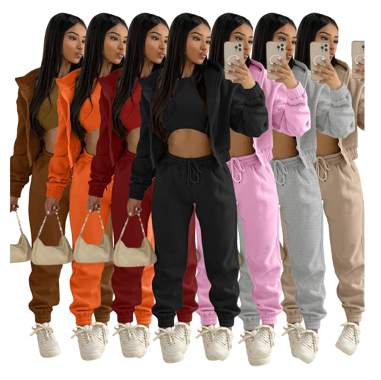 In Stock  Cotton Thick 3 Piece Outfit Joggers Pants Two Piece Pants Set Activewear Women Tracksuit