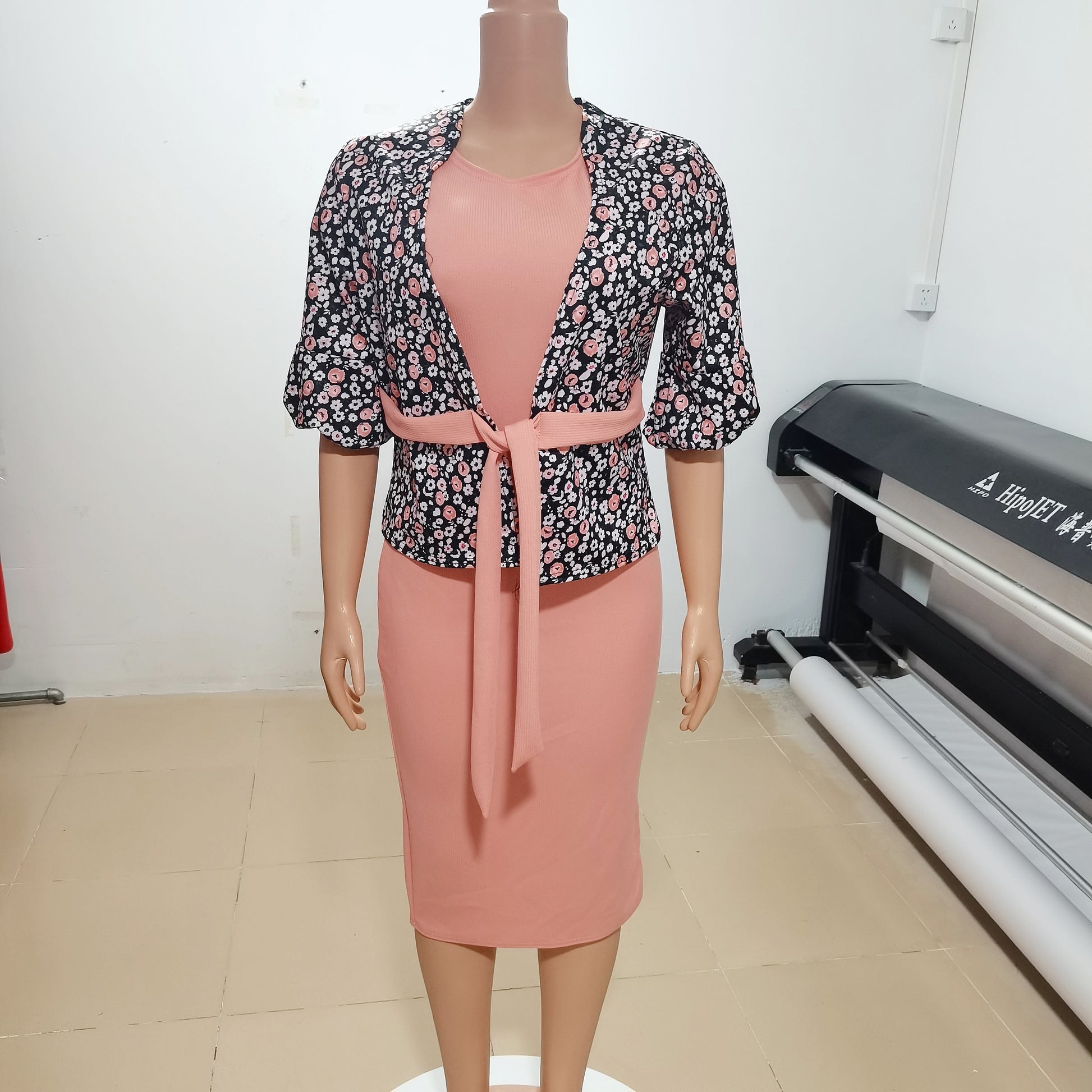 Ladies Jacket Bodycon Dress Two Piece Dresses Women Lady Elegant Flowers Long Sleeves Office Dresses