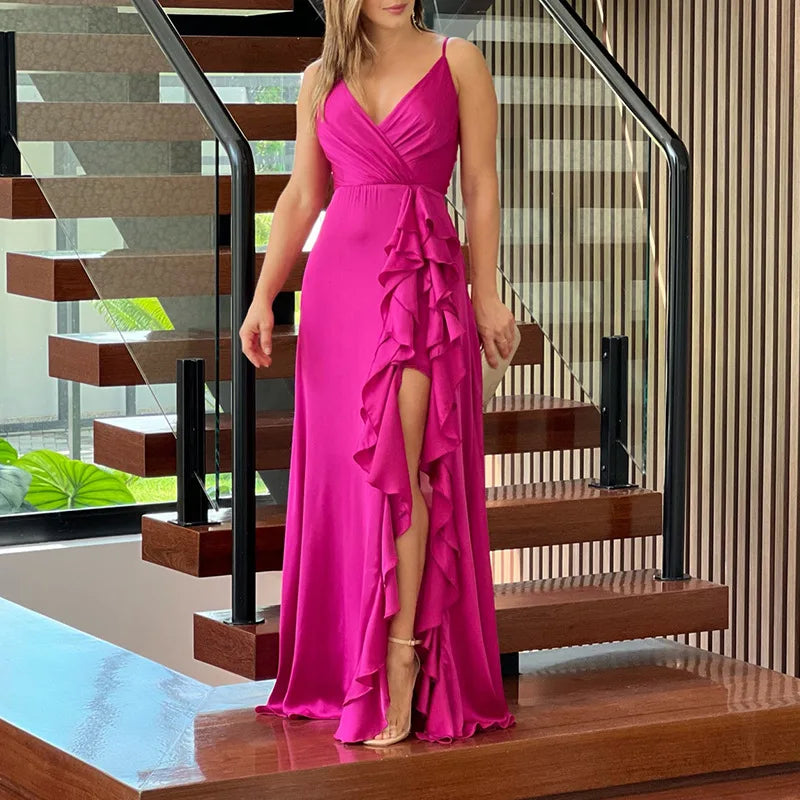2025 Hot Selling Spaghetti Strap V-Neck Bridesmaid Dresses Wedding High Waist Ruffle Slit Party Dresses Women Evening Dress - My Store