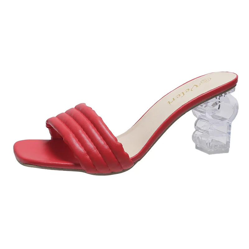 Transparent Crystal Chunky Heel High Heel Open Toe Slip on Heels for Ladies