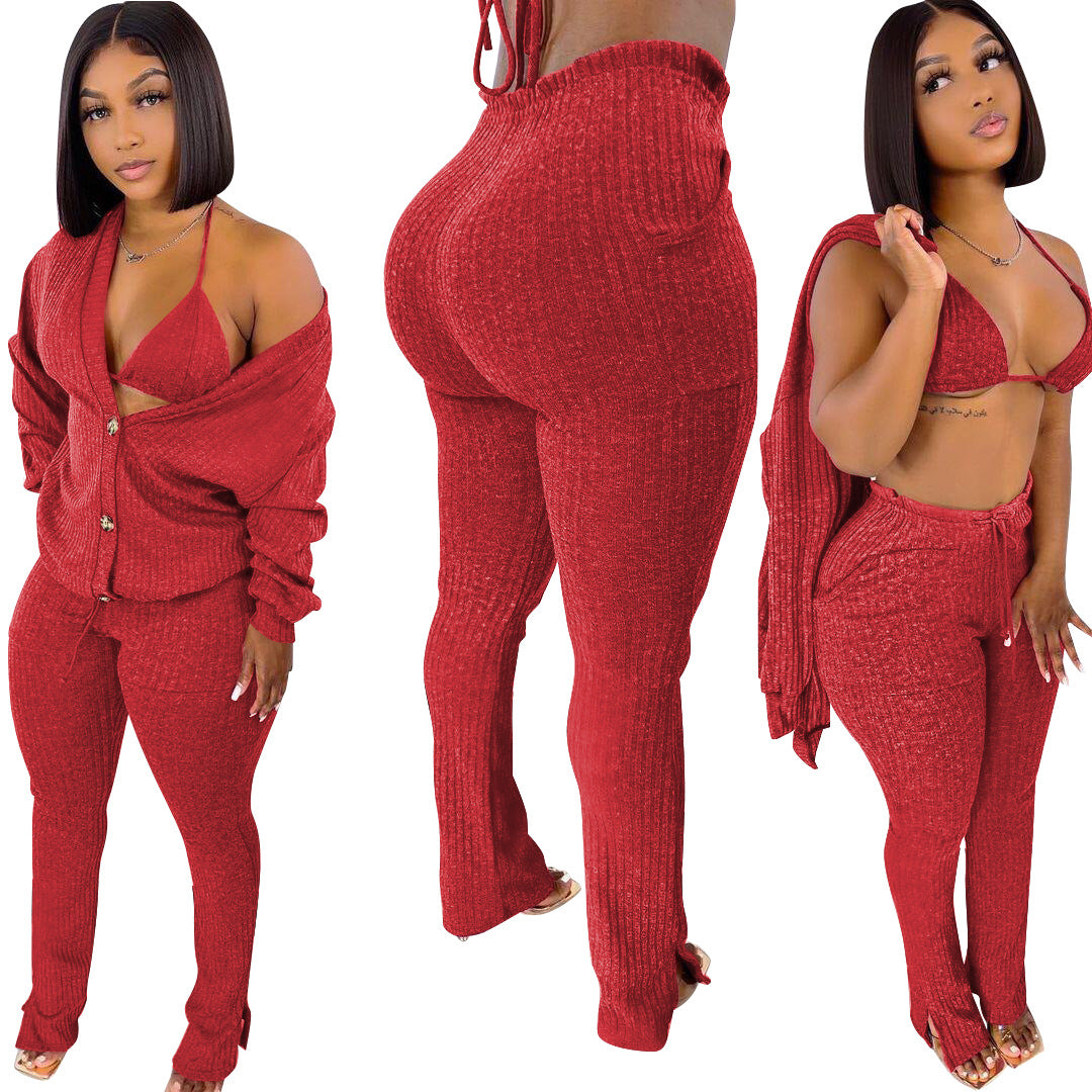 3 Piece Pants Set Winter Outfits for Women Yoga Bra Button Down Shirt and Split Pants Rib Knit Cotton Pant Set Womens Clothing