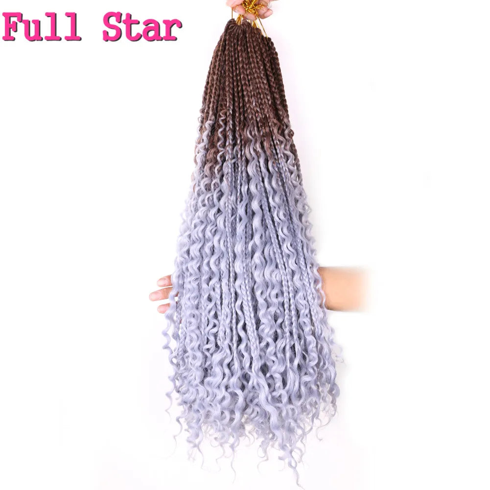 Full Star 22Inch 12 Strands Tight Box Braids Crochet Hair Wavy Ends Synthetic Hair Extensions Ombre  Black Brown Color