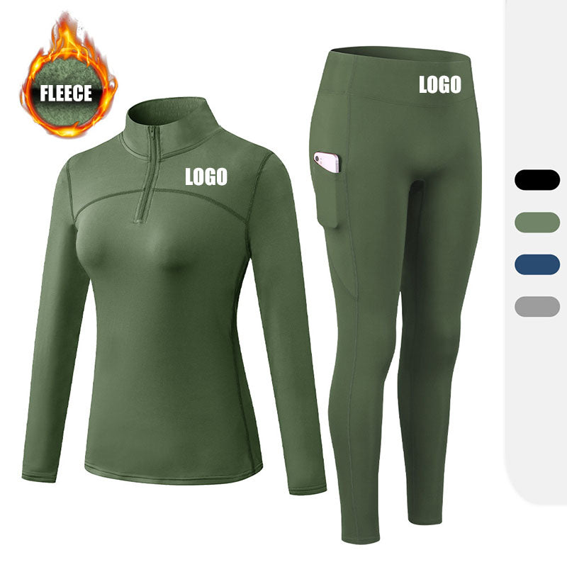 Women Activewear Breathable Quick Dry Plush Long Sleeved Zipper Top Side Pocket Workout Leggings 2 Pieces Gym Wear Set