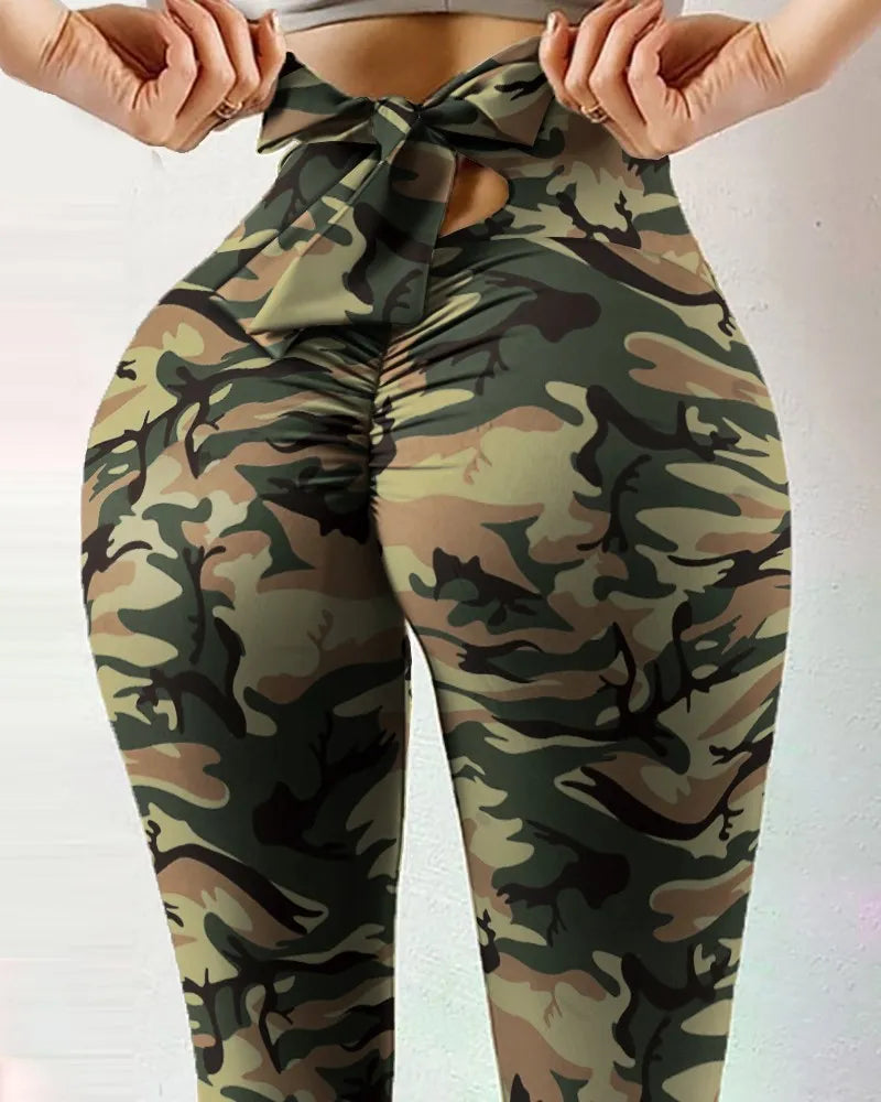 FCCEXIO Summer Butterfly Print Leggings Cute Bow High Waist Fitness Pants Hip Lift Workout Leggins Leopard Push Up Leggin