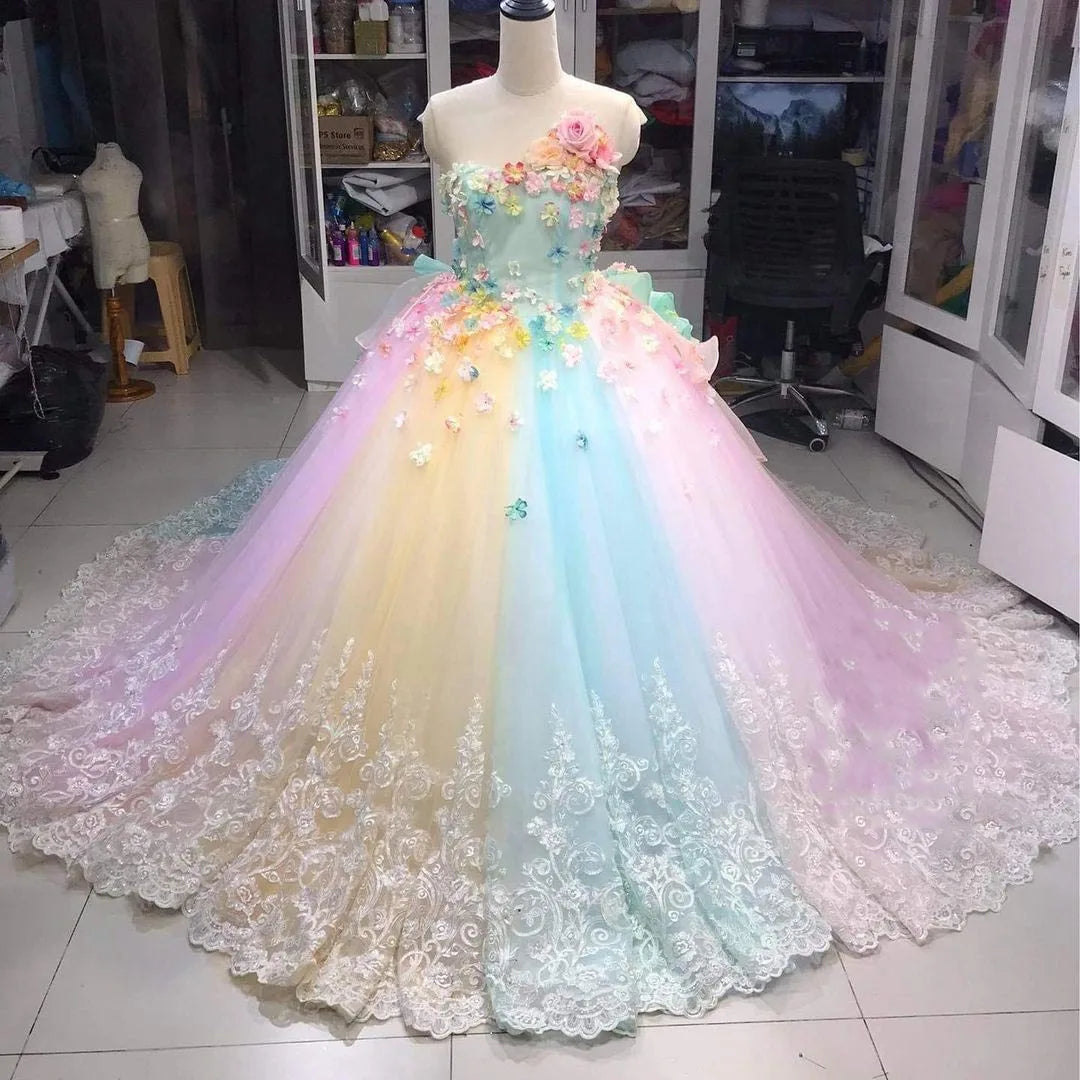 See-Through Rainbow Evening Dress Flowered Dress Lace Tulle Dress Floral Dress Colorful Wedding Dress Lace-Up Back Dresses - My Store