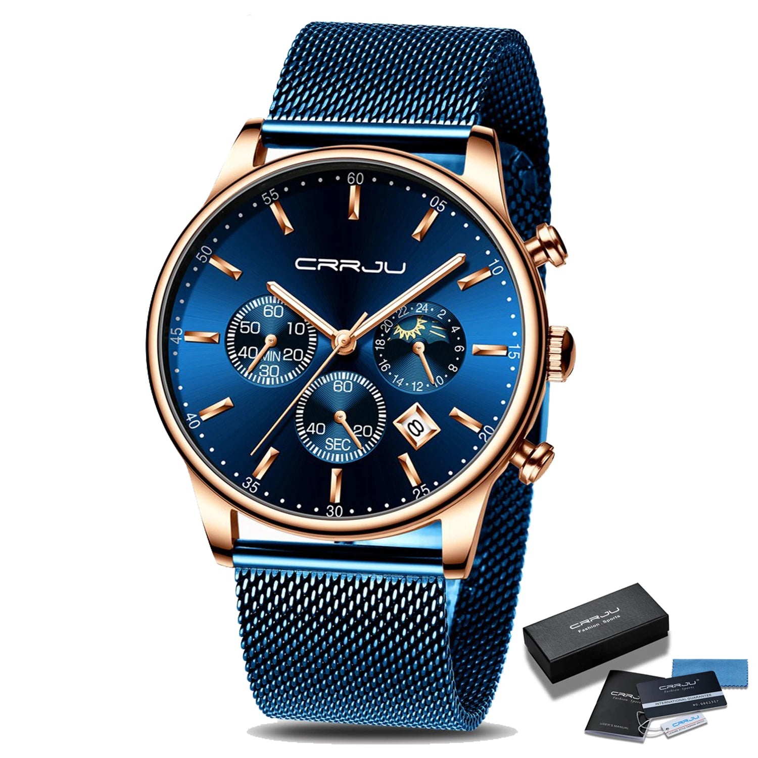 Relogio Masculino CRRJU Luxury Quartz Watch for Men Blue Dial Watches Sport Watches Chronograph Clock Mesh Belt Wrist Watch