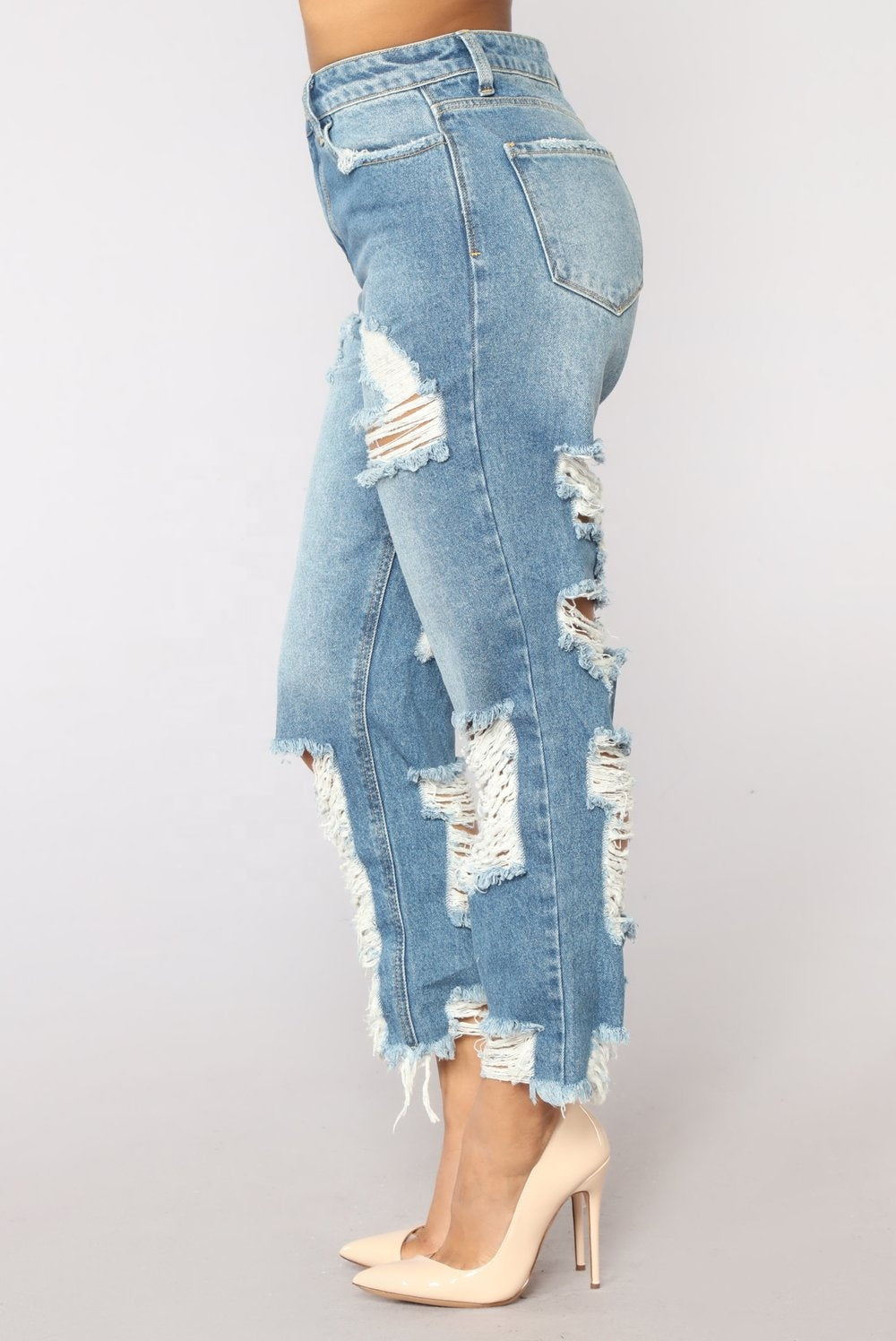 Versatile Wide Leg High Quality Jeans Pants Trousers Drawstring Blue Jean Pants for Women Destroyed Ripped Casual Jean Pants