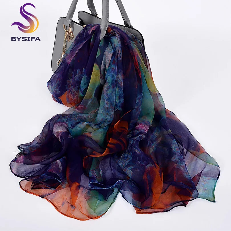 [BYSIFA] Ladies Silk Scarf Shawl New Long Scarves Fashion Brand Scarves Elegant Purple Blue Neck Scarf Beach Shawl Cover-Ups