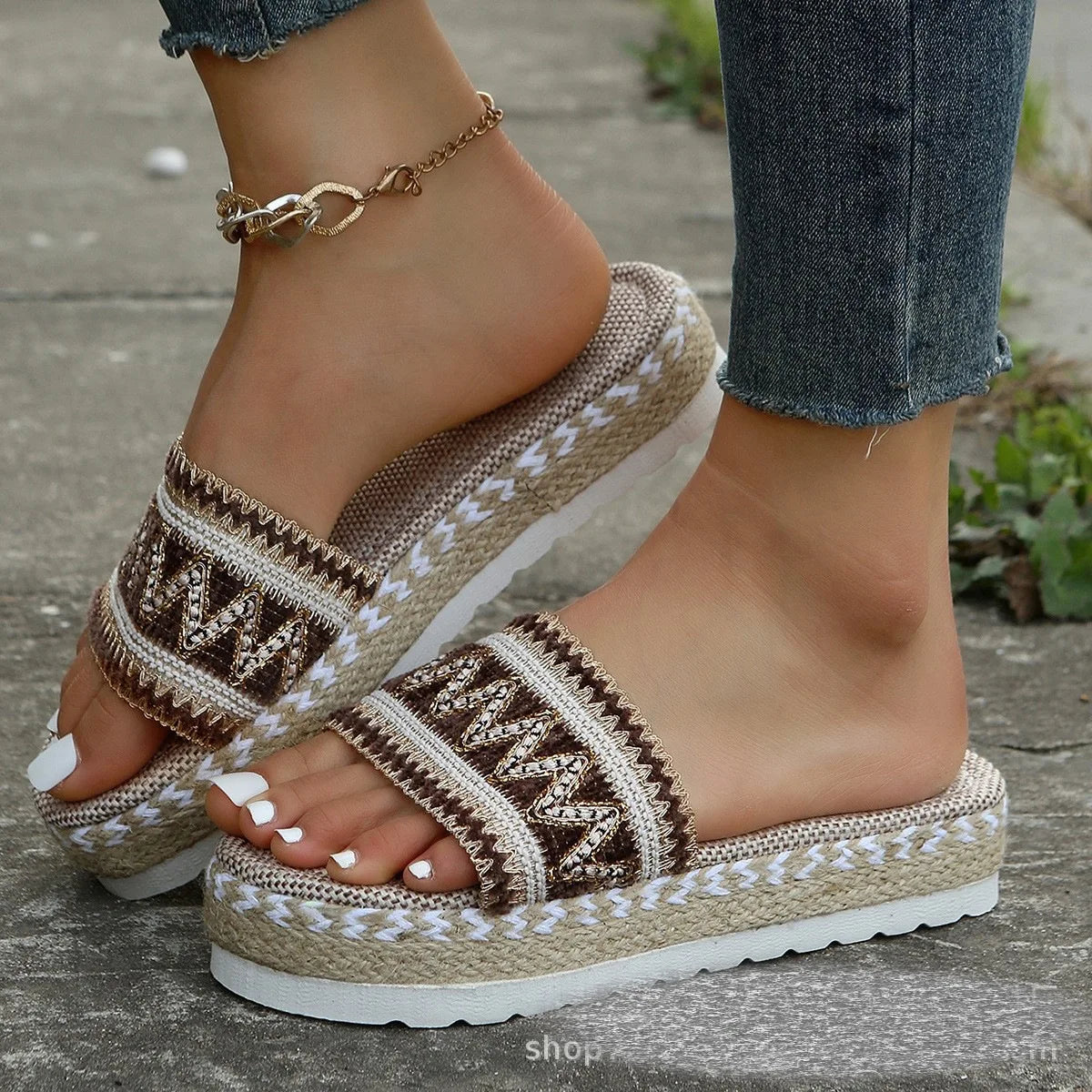Flat Large   Women's Black Pattern Slippers Wear Embroidered Slippers Outside in Summer Bedroom Slippers for Women