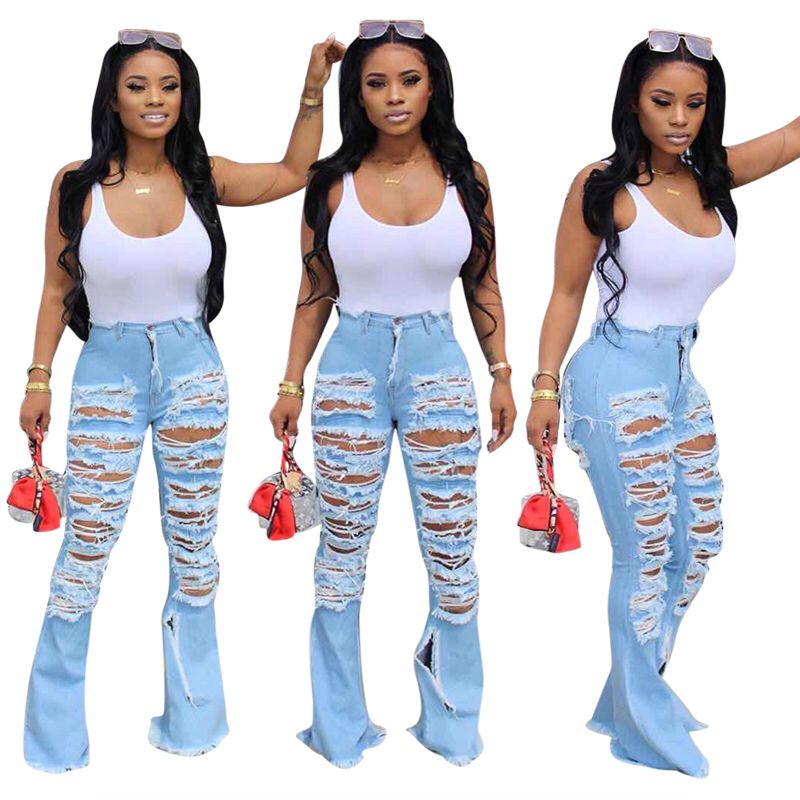 KG4160 Wide Leg Ripped Personality Street Trend Horn Bell Bottom Denim Pants Jeans Women - My Store