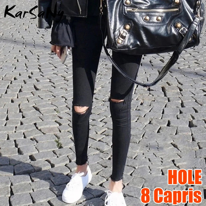 Skinny Ripped Jeans for Women Stretch High Waist Black Jeans With Holes Destroyed Women Denim Pants With Holes Summer Jean