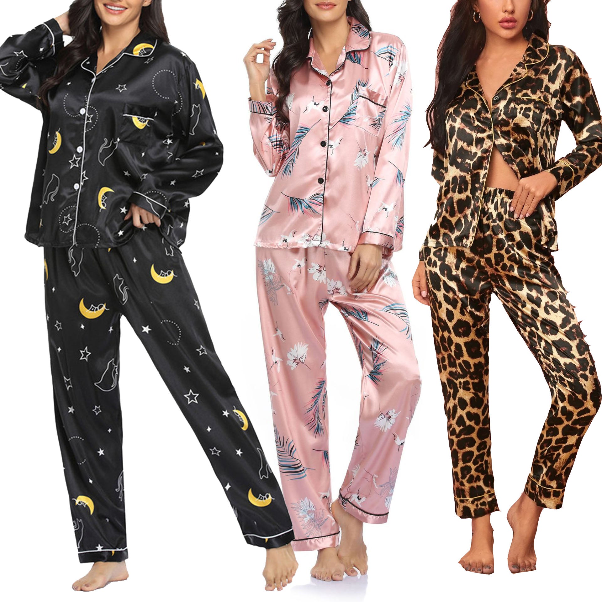 Womens New Arrival Homewear Pajamas Suit Pijamas Sexy Long Sleeve Silk Satin Pajama
