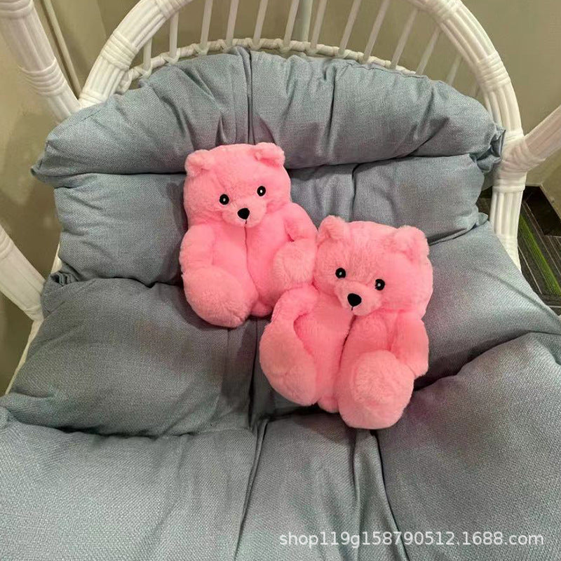 Drop Shipping Fashion Design Winter Women Girl Fur Shoes Cute Cartoon Animal Teddy Bear Warm Slippers Bedroom Soft Fur Slipper