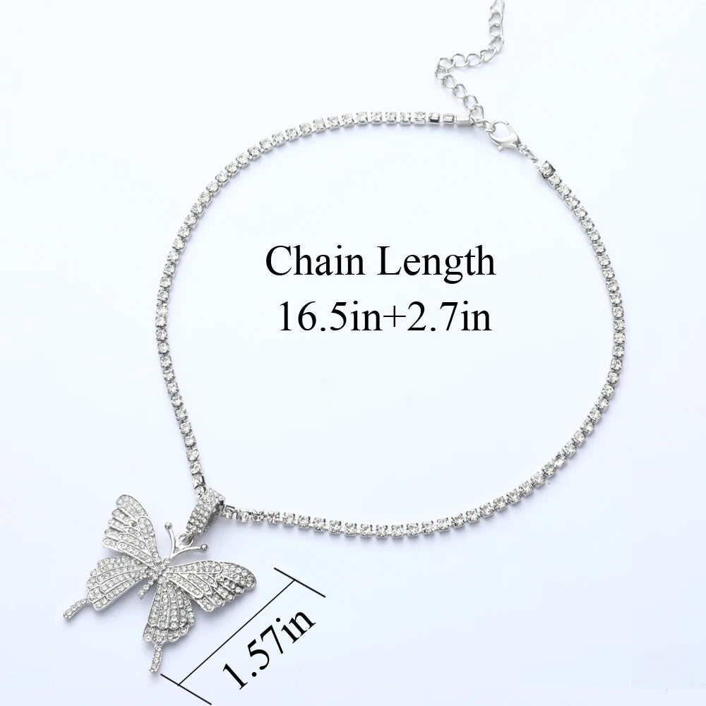 Pink Butterfly Necklace Chain  Jewelry Luxury Female Crystal Neck Pendants Women Rhinestones Jewellery Wholesale