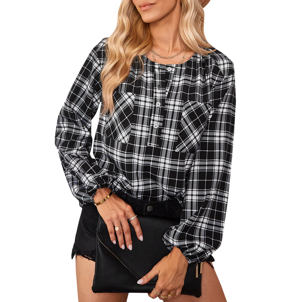 2022 New Fashion Shirts Elegant Blouses Tops Casual Plaid  Design Puff Sleeve Women Blouse Shirt