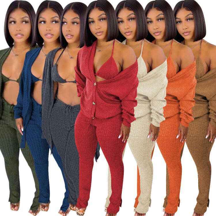 3 Piece Pants Set Winter Outfits for Women Yoga Bra Button Down Shirt and Split Pants Rib Knit Cotton Pant Set Womens Clothing