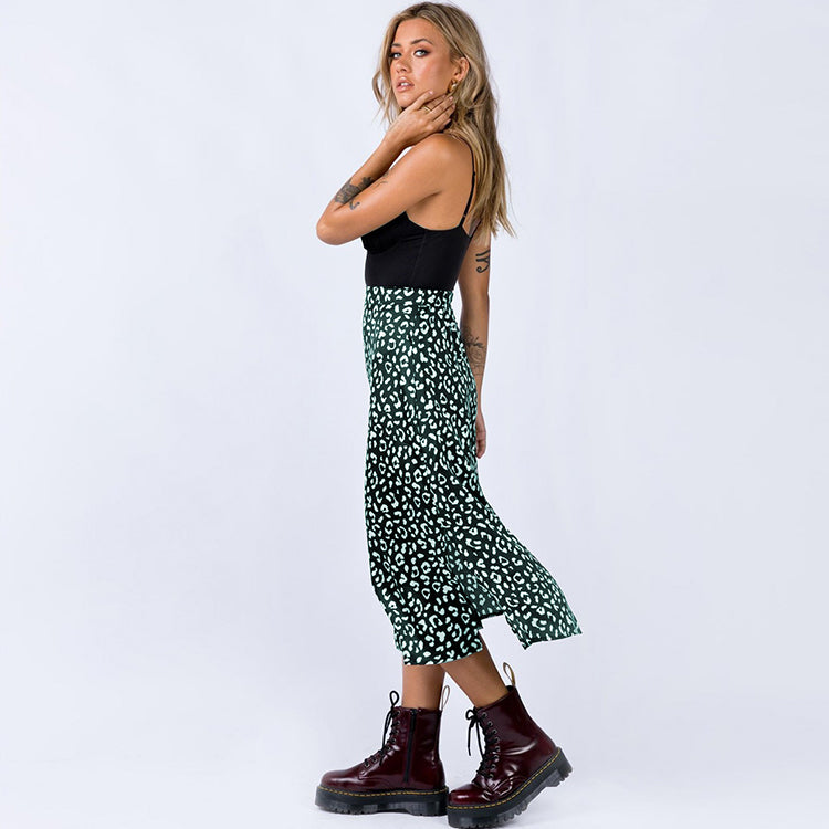 Spring/Summer Leopard Chiffon Skirts Printed Womens Skirts Midi Sexy Zipper High Waist Maxi Skirt