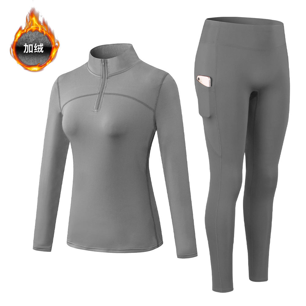 Women Activewear Breathable Quick Dry Plush Long Sleeved Zipper Top Side Pocket Workout Leggings 2 Pieces Gym Wear Set