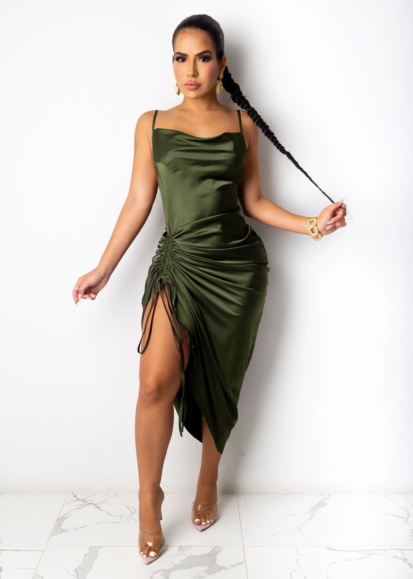 New Arrival Satin Dresses Night Dresses Club Party Sexy Wrinkle Maxi Dress for Woman