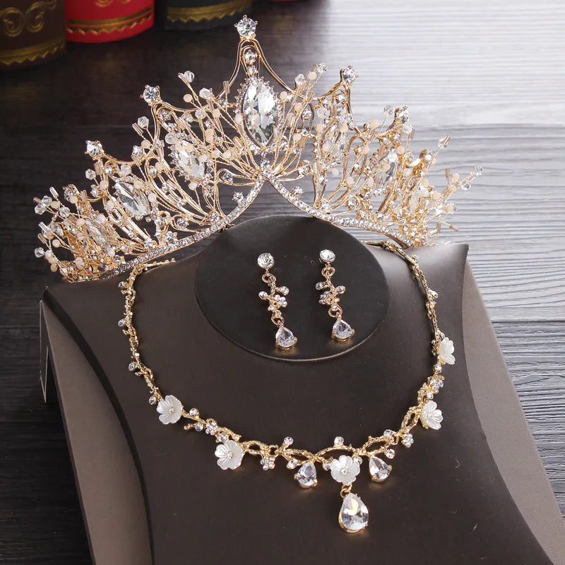 Baroque Vintage Costume Bridal Jewelry Sets Rhinestone Crystal Tiaras Crown Earrings Necklace Wedding Bride Luxury Jewelry Set