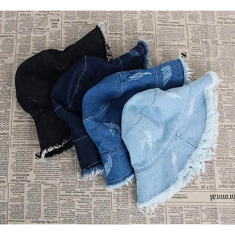 Solid Denim Retro Bucket Hat Fisherman Hat Outdoor Travel Hat Sun Cap Hats for Girl and Women 275
