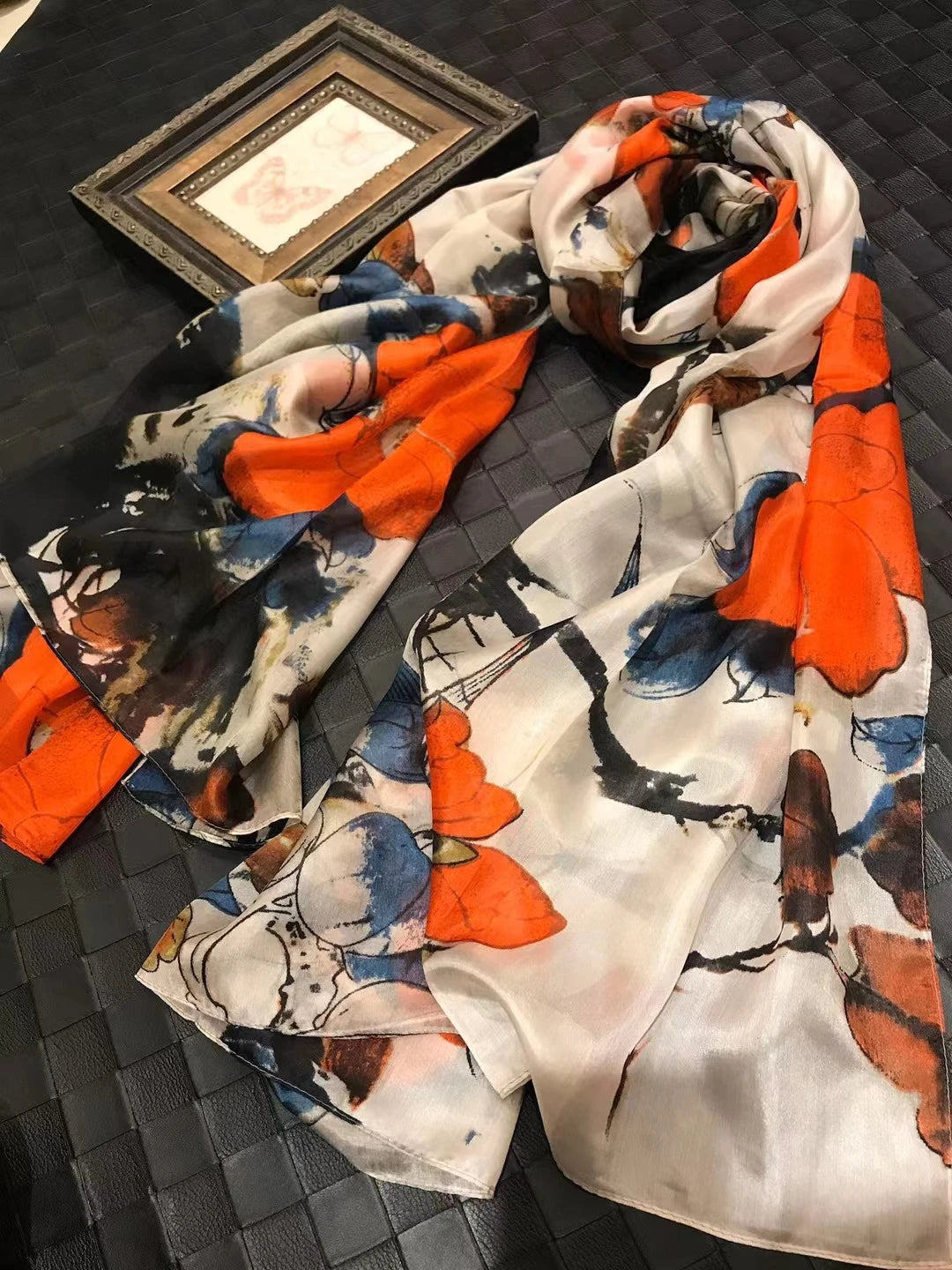 White100% Silk Scarf Women Scarves Bufandas Summer Beach Shawls Foulard Fall Winter Brand Flower Design Long Neck Scarves Hijabs