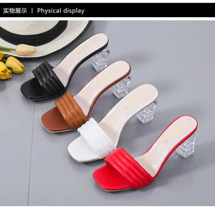 Transparent Crystal Chunky Heel High Heel Open Toe Slip on Heels for Ladies