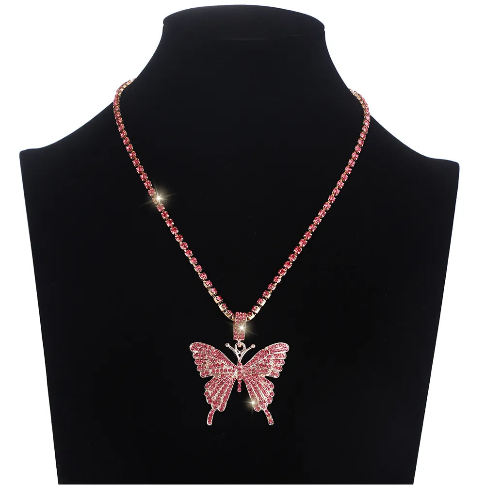 Pink Butterfly Necklace Chain  Jewelry Luxury Female Crystal Neck Pendants Women Rhinestones Jewellery Wholesale