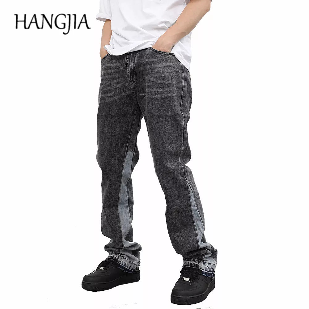 Vintage Flared Jeans for Men Y2k Streetwear Frayed Jean Pants Baggy Hip Hop Graffiti Colorblock Slim Fit Denim Jeans Man Black