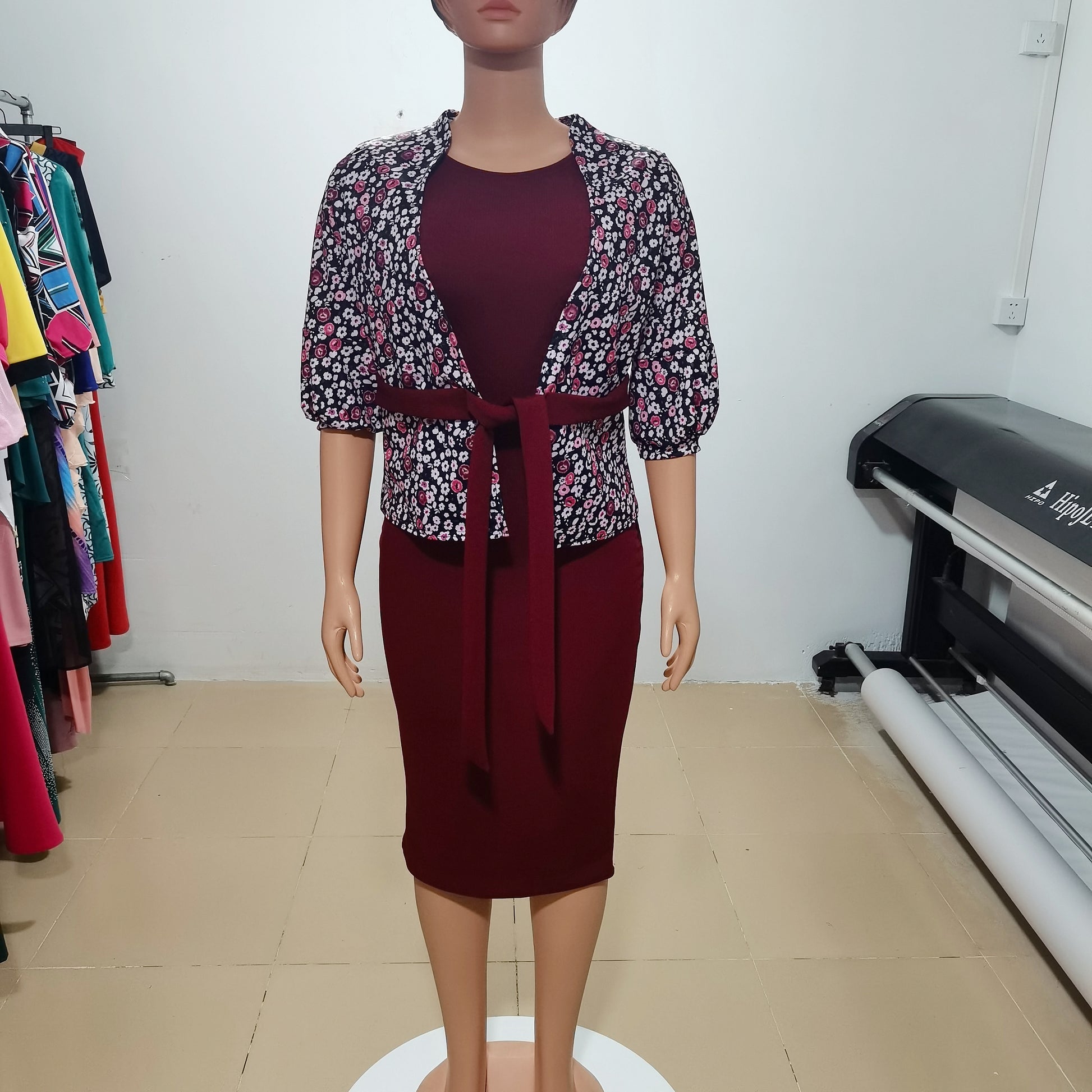 Ladies Jacket Bodycon Dress Two Piece Dresses Women Lady Elegant Flowers Long Sleeves Office Dresses