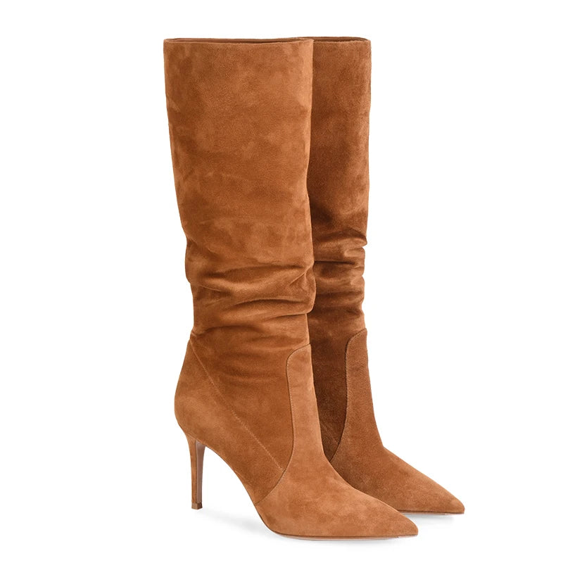 Brown Faux Suede Knee High Boots Slouch 2025 Women Shoes Winter Slouchy Long Boots Woman High Heel Latest Camel Ladies Tall Boot