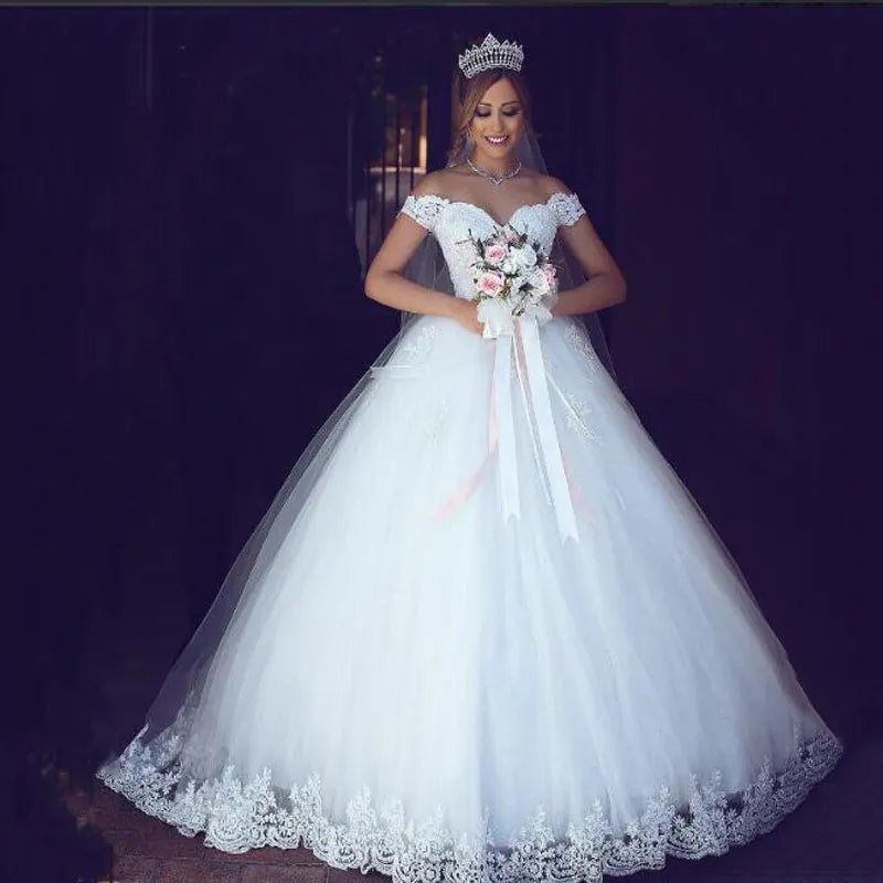ZJ9143 2023 White Ivory Lace Appliques Ball Gown Cheap Off the Shoulder Short Sleeves Bridal Dress Wedding Dresses - My Store