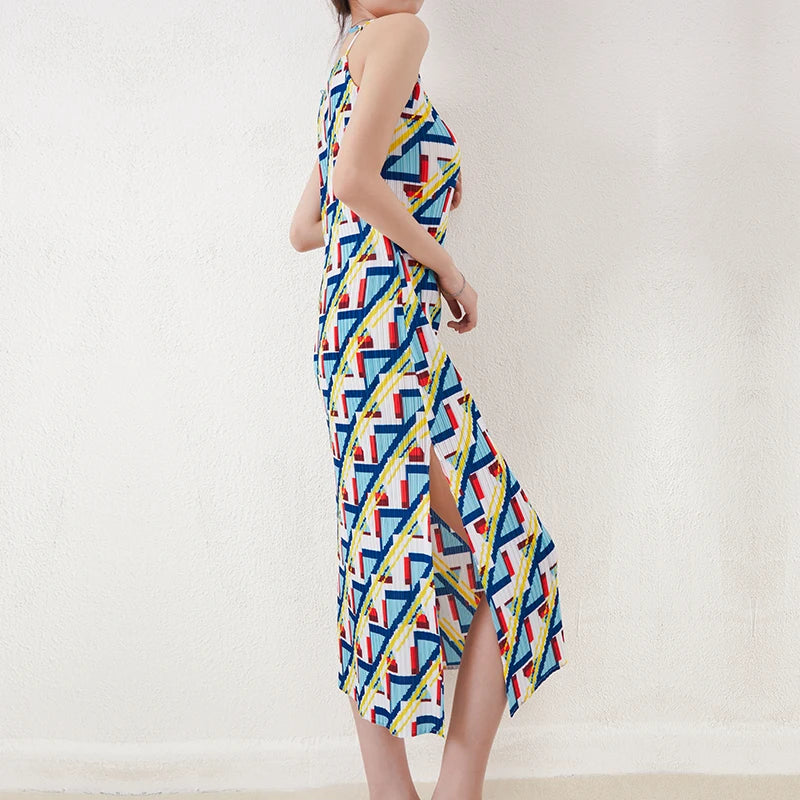 New Summer Miyake Women Pleated Sleeveless Dresses Ladies Casual Halter Dresses Printed Shift Dress