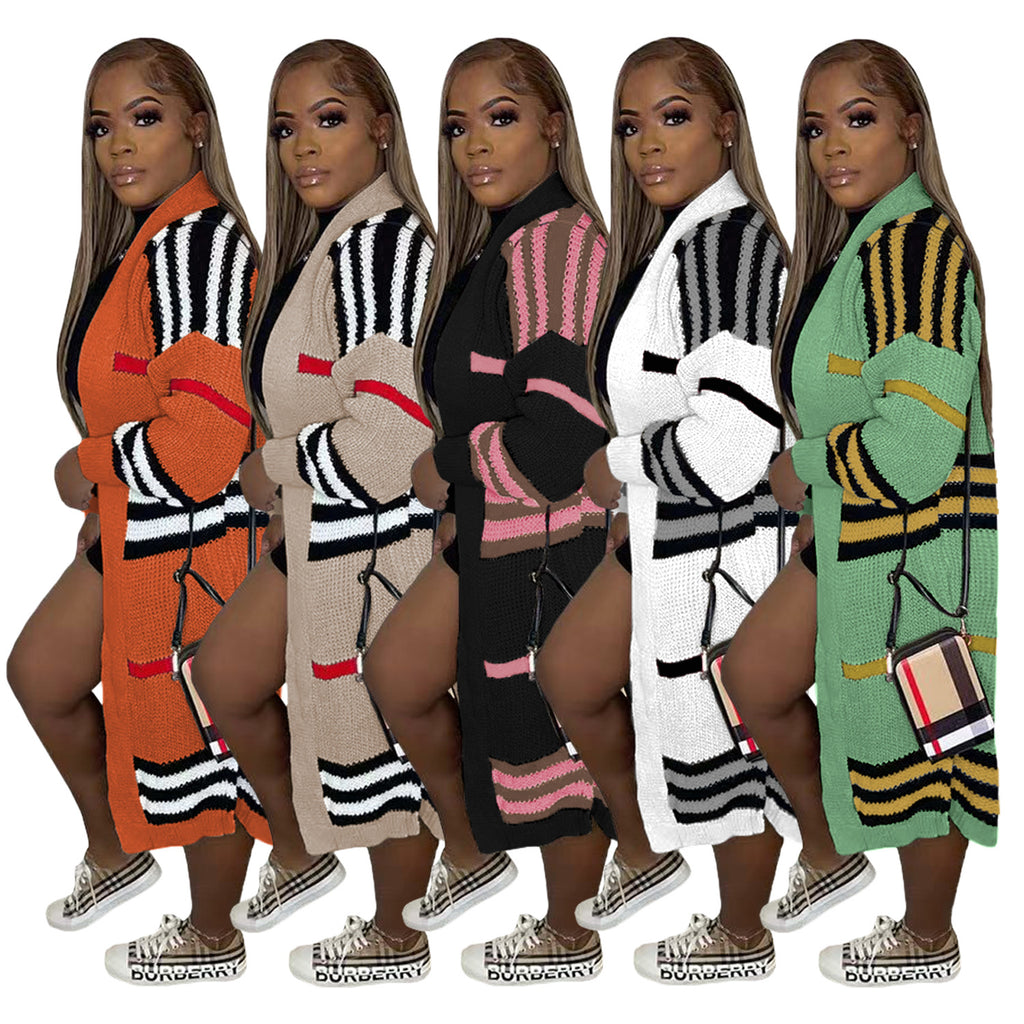 Women Coat Plus Size L-3xl Wear Out Knitted Striped Long Coat   Casual Cardigan Coats for Adult