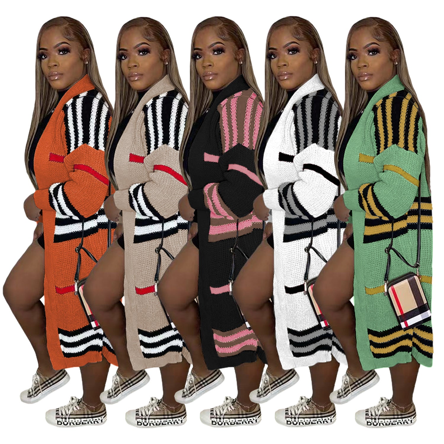 Women Coat Plus Size L-3xl Wear Out Knitted Striped Long Coat   Casual Cardigan Coats for Adult