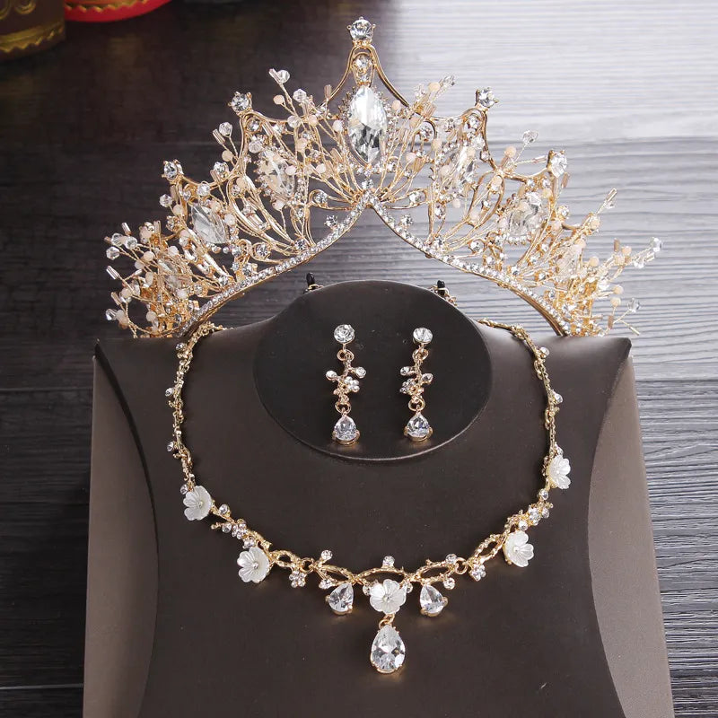 Baroque Vintage Costume Bridal Jewelry Sets Rhinestone Crystal Tiaras Crown Earrings Necklace Wedding Bride Luxury Jewelry Set
