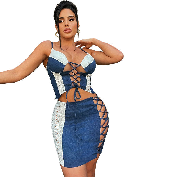 Denim Jeans Bikini Dress Sets Denim Jeans Two Piece Skirt Sets Clothing Sexy Summer 2 Piece Jean Jacket Dress Skirt Sets