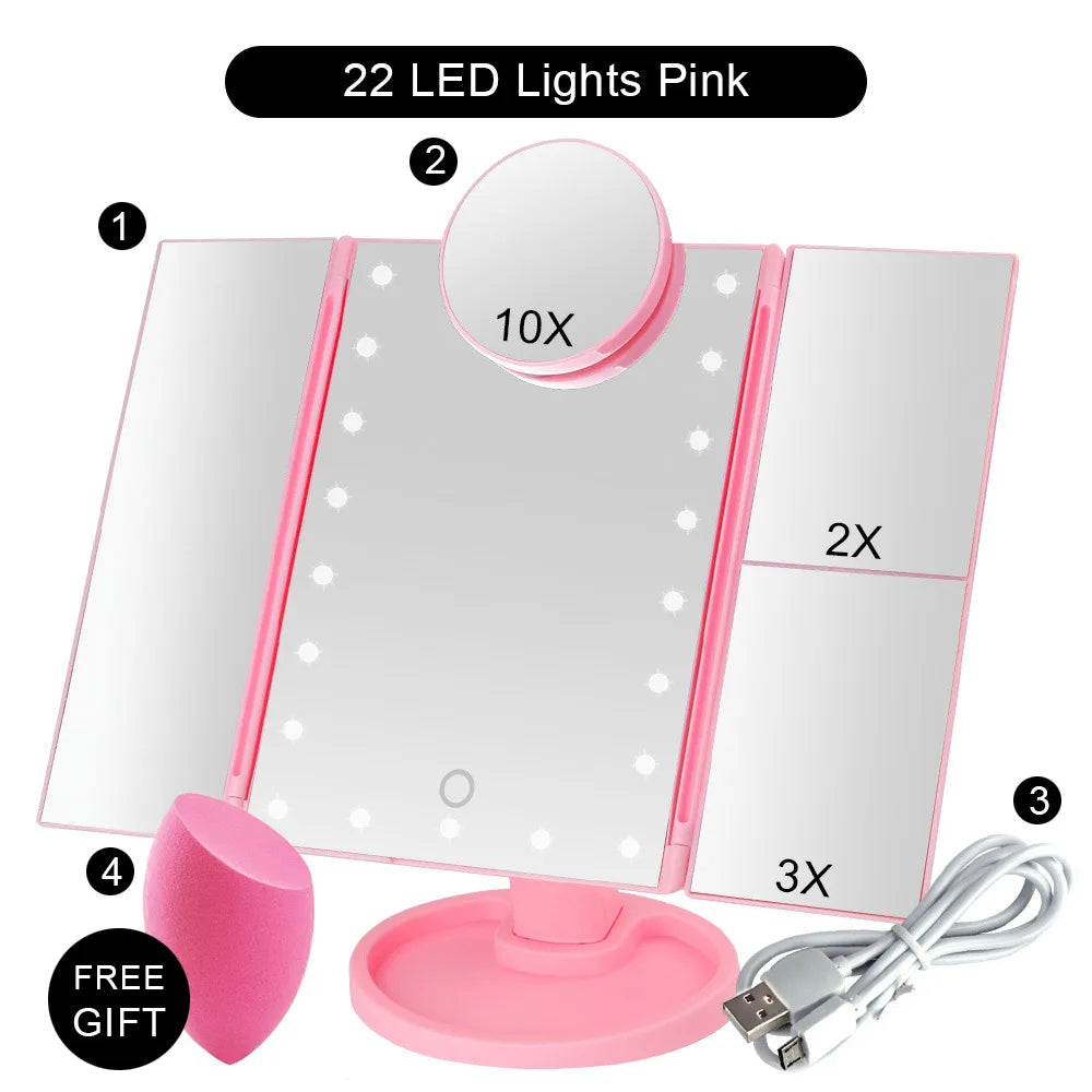 Touch Screen Makeup Mirror With 22 LED Light 1x/2x/3x/10x Magnifying Glass Compact Vanity Mirror Flexible Cosmetics Mirrors Make