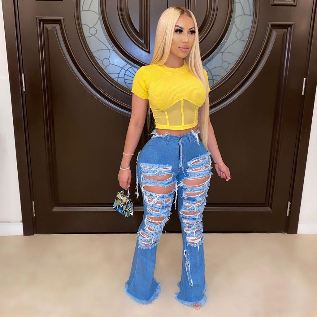 KG4160 Wide Leg Ripped Personality Street Trend Horn Bell Bottom Denim Pants Jeans Women - My Store